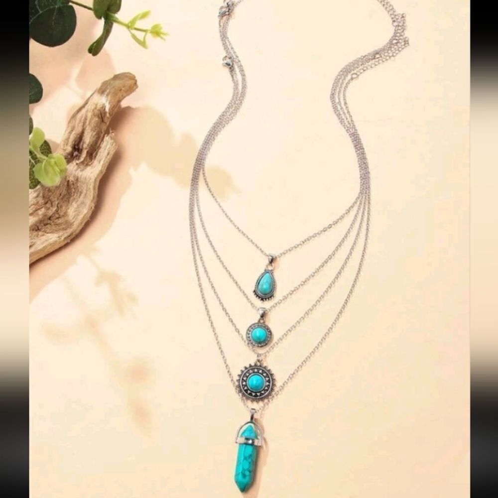 Silver Multi Layered Turquoise Pendant Necklace - Picture 3 of 3